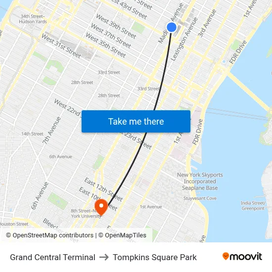 Grand Central Terminal to Tompkins Square Park map