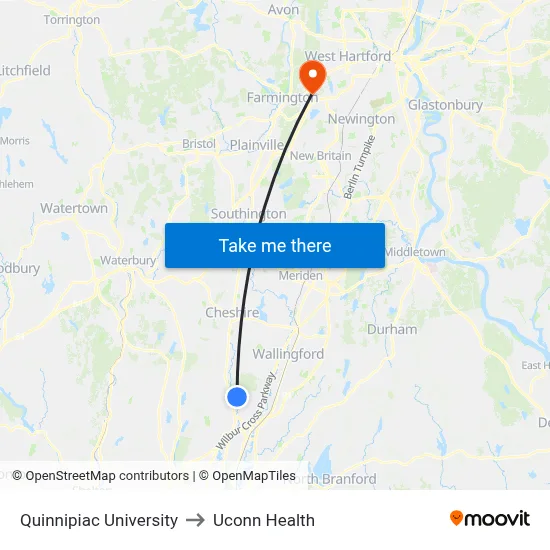 Quinnipiac University to Uconn Health map