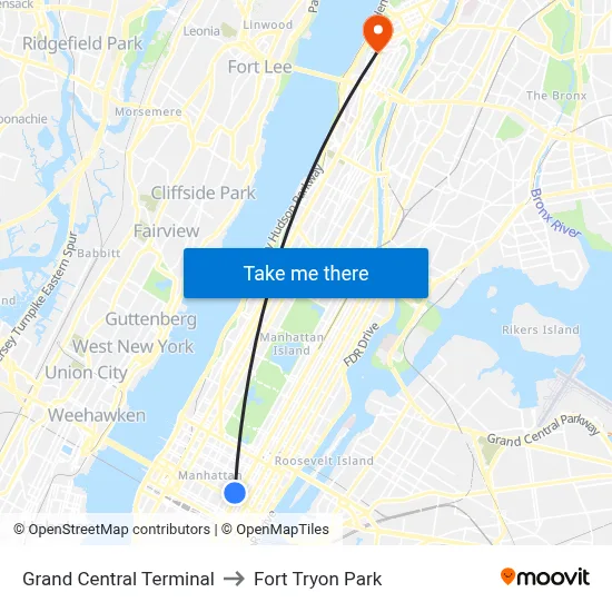 Grand Central Terminal to Fort Tryon Park map