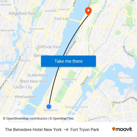The Belvedere Hotel New York to Fort Tryon Park map
