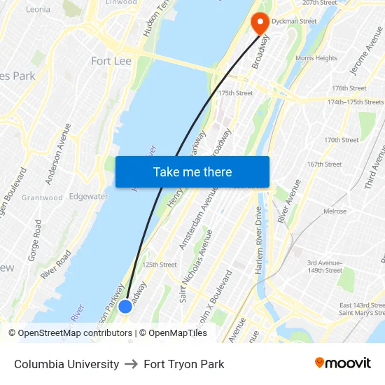 Columbia University to Fort Tryon Park map
