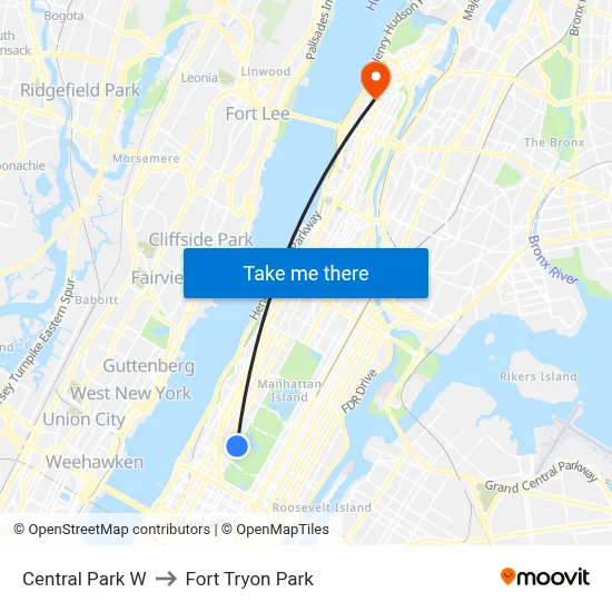 Central Park W, New York, NY 10023 to Fort Tryon Park map