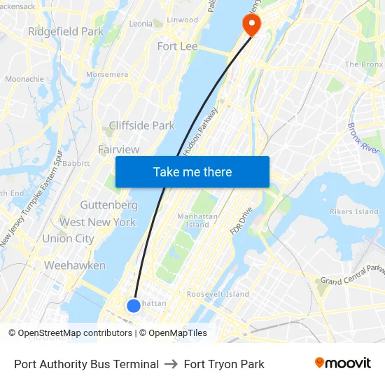 Port Authority Bus Terminal to Fort Tryon Park map