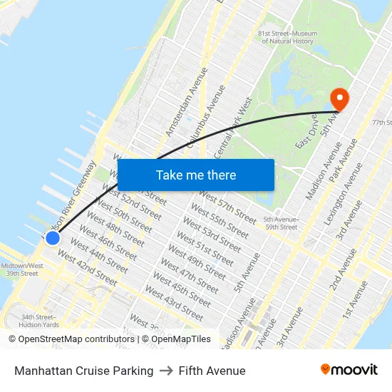 Manhattan Cruise Parking to Fifth Avenue map