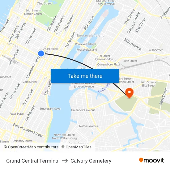 Grand Central Terminal to Calvary Cemetery map