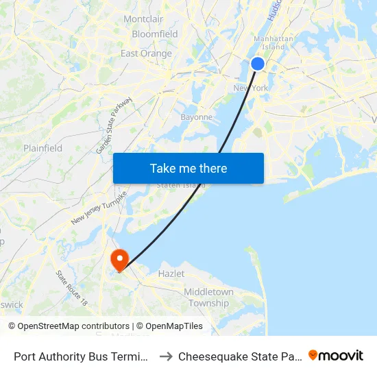 Port Authority Bus Terminal to Cheesequake State Park map