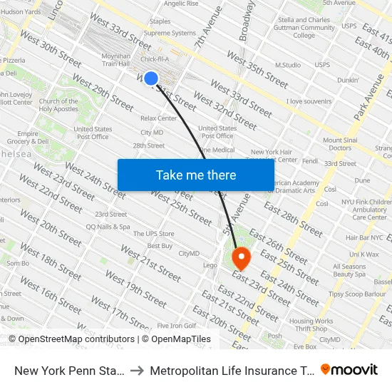 New York Penn Station to Metropolitan Life Insurance Tower map