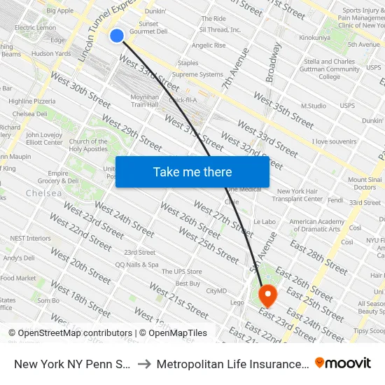 New York NY Penn Station to Metropolitan Life Insurance Tower map