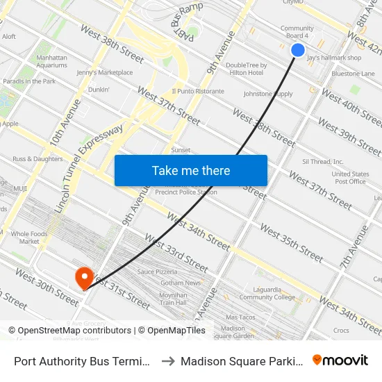 Port Authority Bus Terminal to Madison Square Parking map