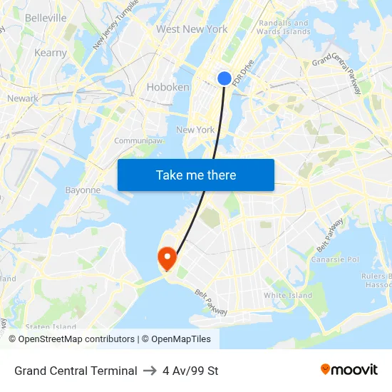 Grand Central Terminal to 4 Av/99 St map