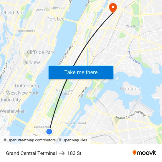 Grand Central Terminal to 183 St map