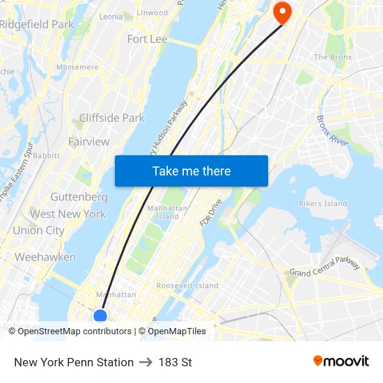 New York Penn Station to 183 St map