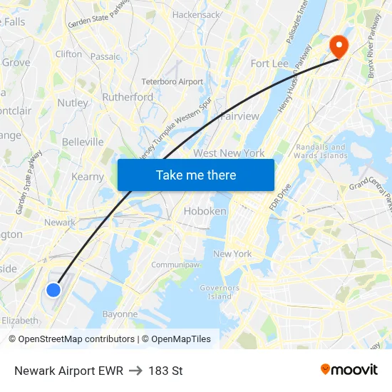 Newark Airport EWR to 183 St map