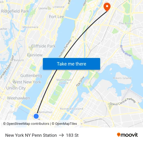 New York NY Penn Station to 183 St map