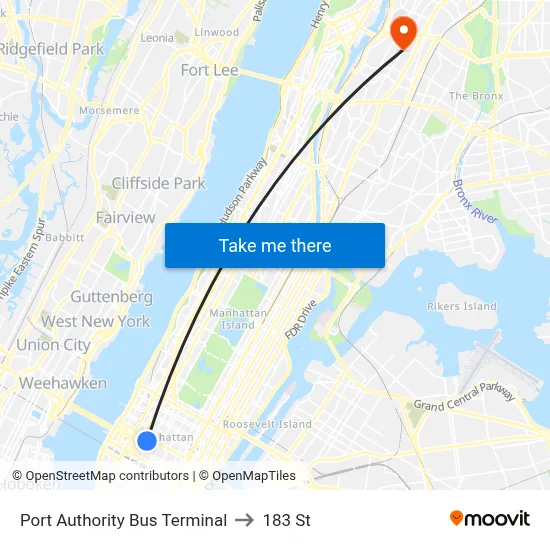 Port Authority Bus Terminal to 183 St map