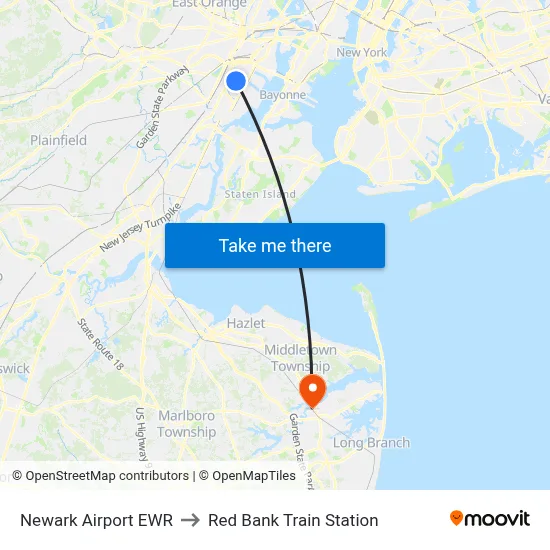 Newark Airport EWR to Red Bank Train Station map