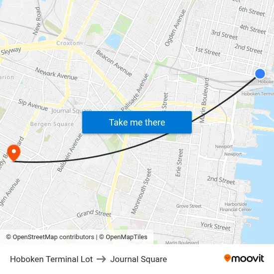 Hoboken Terminal Lot to Journal Square map
