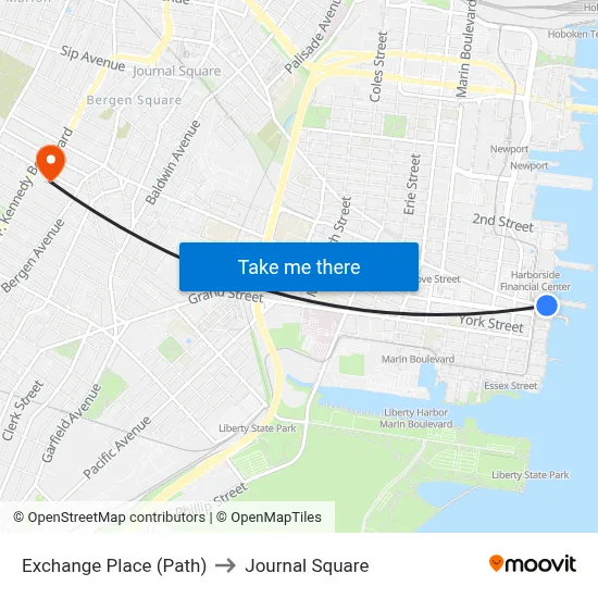 Exchange Place (Path) to Journal Square map