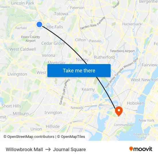 Willowbrook Mall to Journal Square map