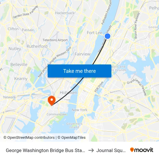 George Washington Bridge Bus Station to Journal Square map