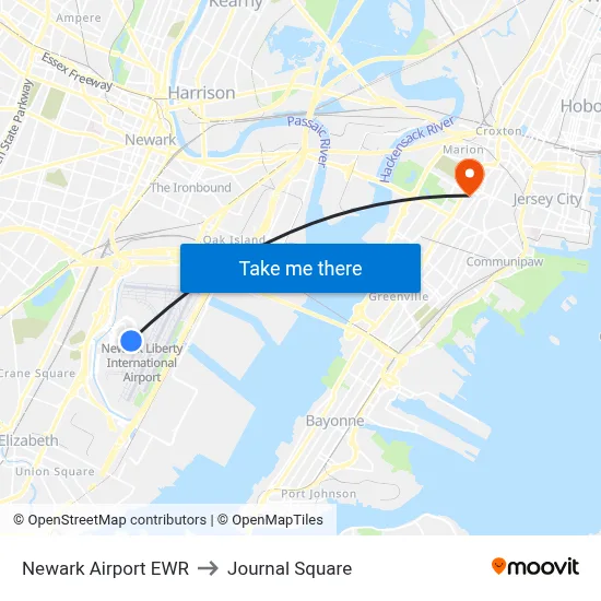 Newark Airport EWR to Journal Square map