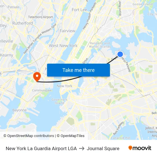 New York La Guardia Airport LGA to Journal Square map