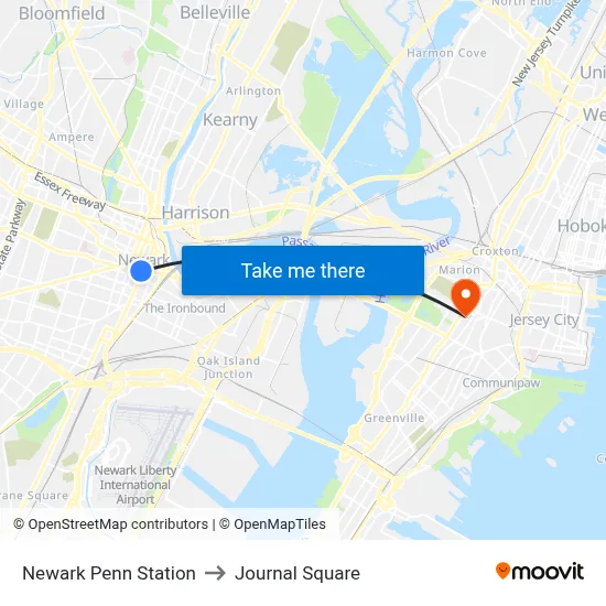 Newark Penn Station to Journal Square map
