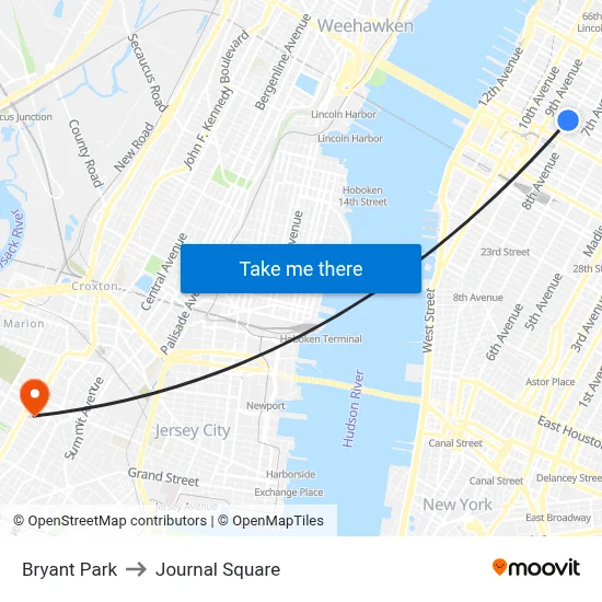 Bryant Park to Journal Square map