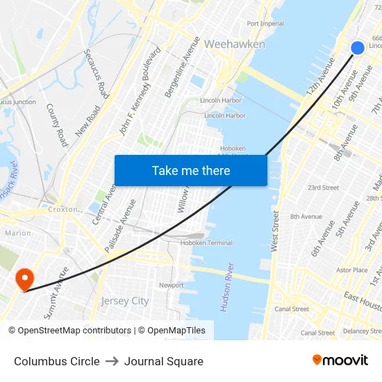 Columbus Circle to Journal Square map