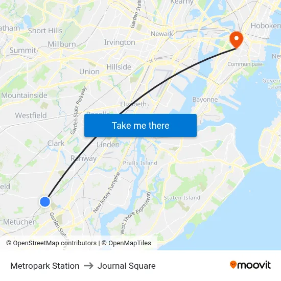 Metropark Station to Journal Square map