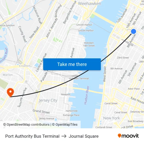 Port Authority Bus Terminal to Journal Square map