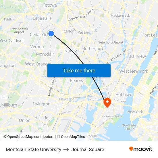 Montclair State University to Journal Square map