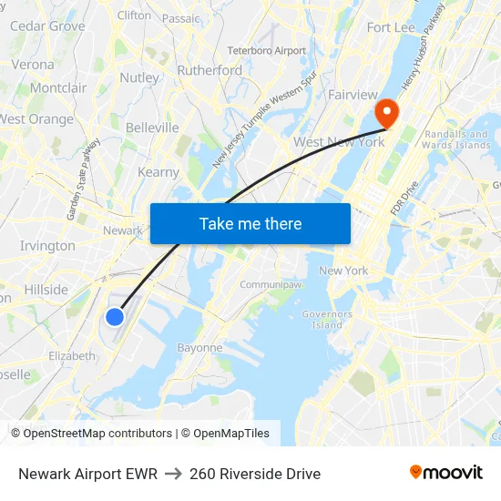 Newark Airport EWR to 260 Riverside Drive map
