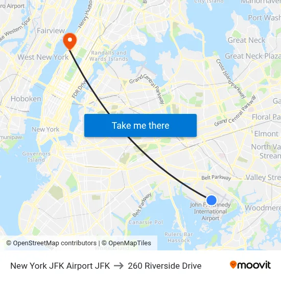 New York JFK Airport JFK to 260 Riverside Drive map