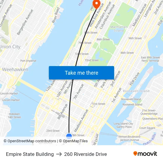 Empire State Building to 260 Riverside Drive map