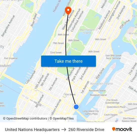 United Nations Headquarters to 260 Riverside Drive map