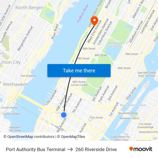 Port Authority Bus Terminal to 260 Riverside Drive map