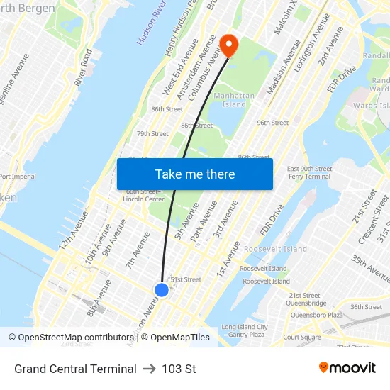Grand Central Terminal to 103 St map