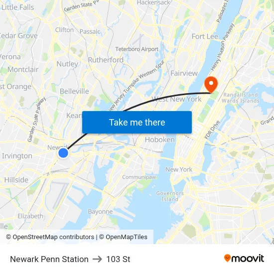 Newark Penn Station to 103 St map