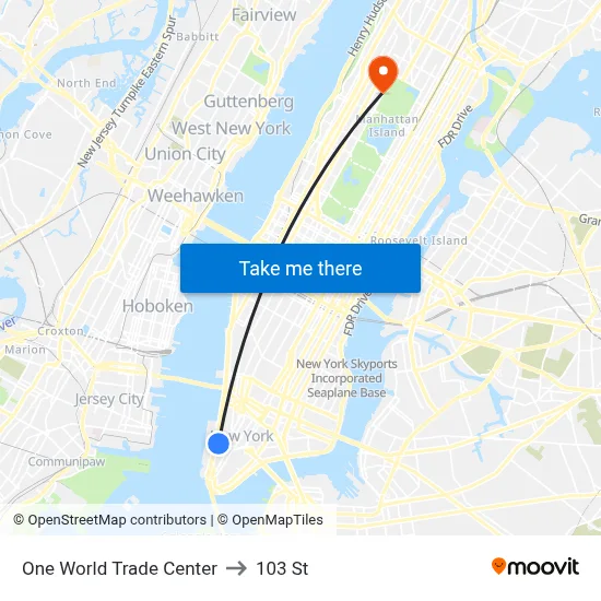 One World Trade Center to 103 St map