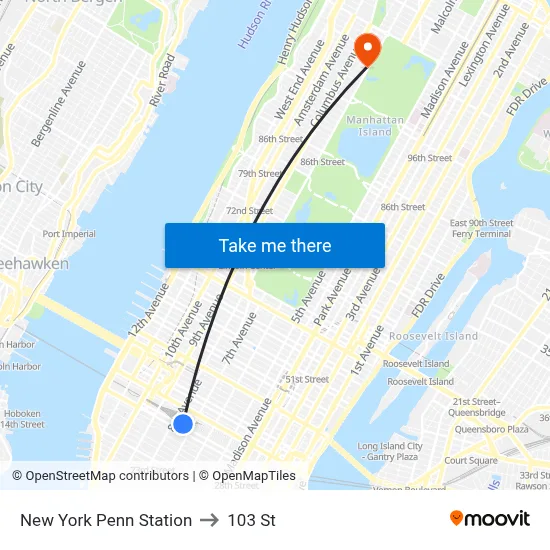 New York Penn Station to 103 St map