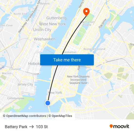 Battery Park to 103 St map