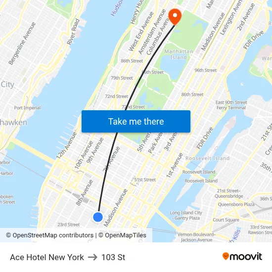 Ace Hotel New York to 103 St map