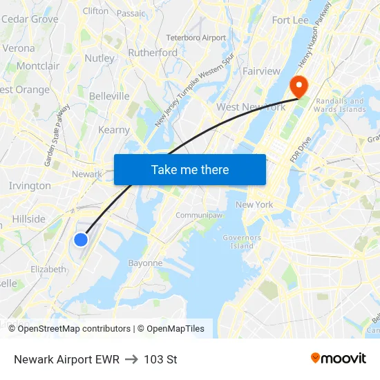 Newark Airport EWR to 103 St map