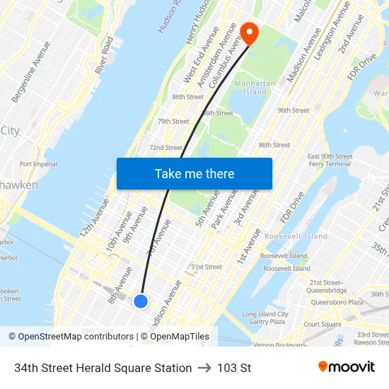34th Street Herald Square Station to 103 St map