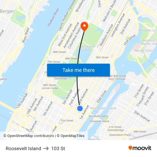 Roosevelt Island to 103 St map