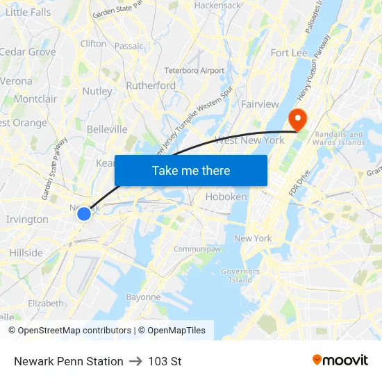 Newark Penn Station to 103 St map