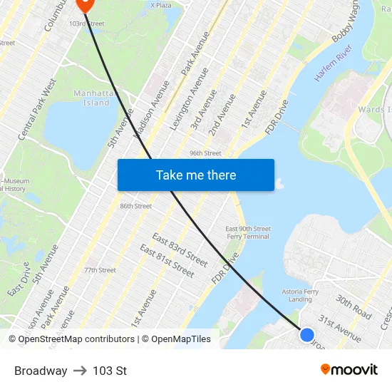 Broadway to 103 St map