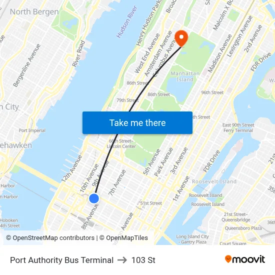 Port Authority Bus Terminal to 103 St map