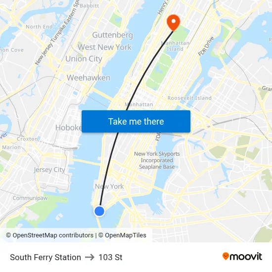 South Ferry Station to 103 St map